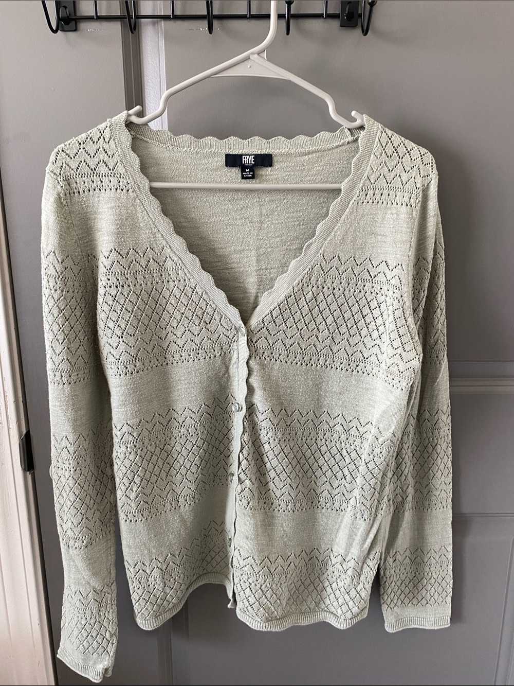 Frye Light Sage Crochet Knit Scalloped Edge Cardigan
